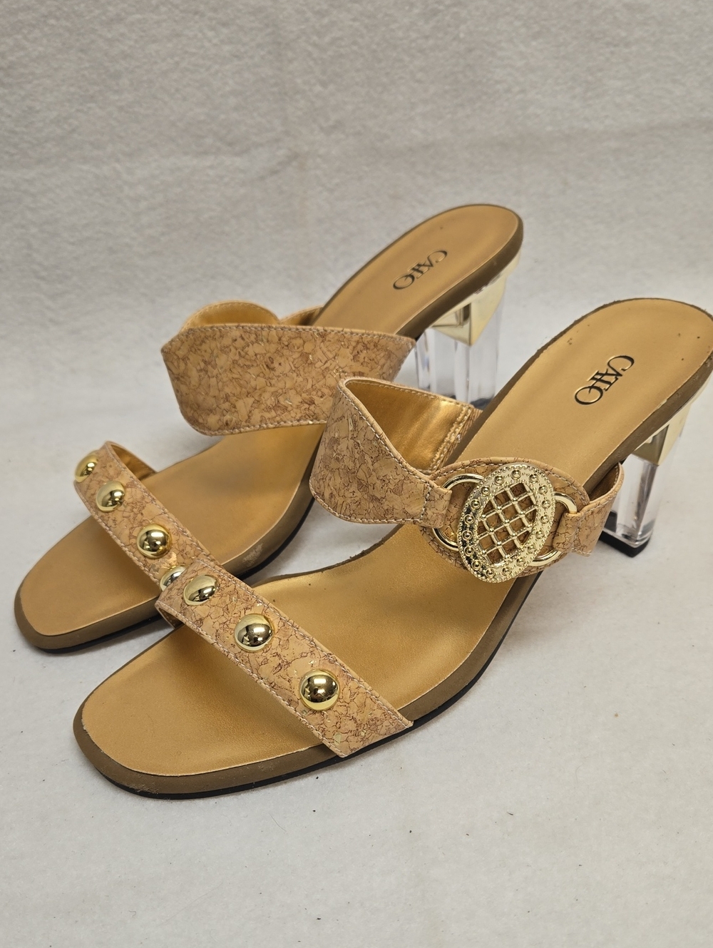 Cato Tan Cork-Textured Heeled Slides with Gold Accents Size 8 Clear Heels